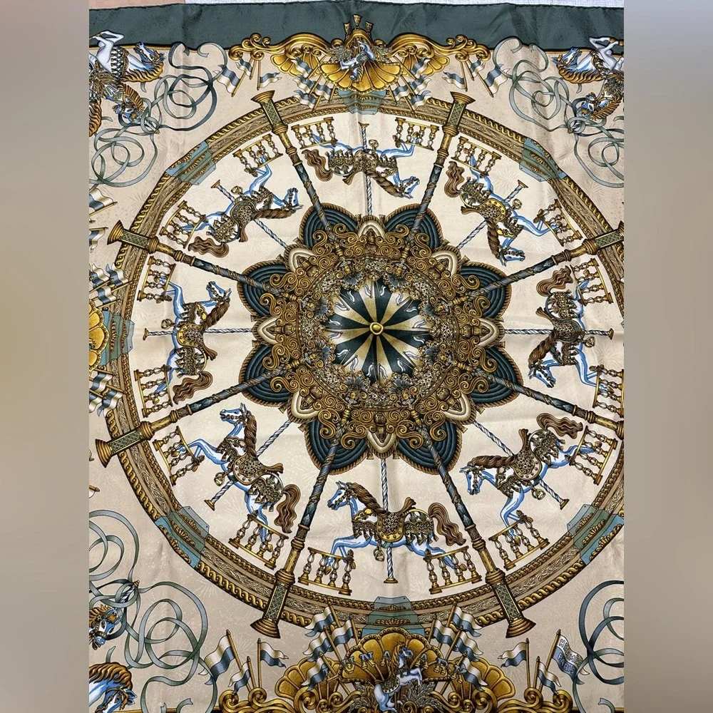 Hermes Silk Reversible Opera Scarf LUNA PARK Carrousel Print; 70.5x11.5" - Picture 6 of 13